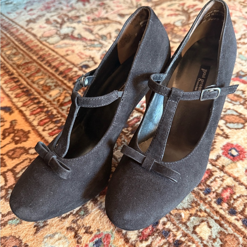 Paul Green Black Suede Women's T-Strap Heels